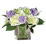 Zinniaとバラフェイク人工Flower Arrangement inガラス花瓶とアクリル水、プラスチック