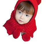 Active Island ニット帽 頭巾 ポンチョ 毛糸 ベビー 防寒着 赤ずきんちゃん ポンポン (レッド)