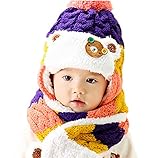 【SEBLES】ベビー服 ニット帽 耳当て マフラー セット ボンボン もこもこ 可愛い 赤ちゃん キッズ 帽子 6ヶ月-4歳（パープル)
