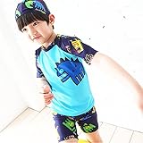hibote 男の子 水着 2-13歳 ラッシュガード &キャップ付 水着上下＋帽子 3点セット UVカット 恐竜アニメ ブルー XL