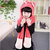 子供用　ウサギデザイン　かわいい　多機能　帽子　マフラー　手袋　耳覆い機能　スカーフ　グローブ　ふわふわ　防寒対策　キッズ　女の子対応　ワンピース (レッド２)