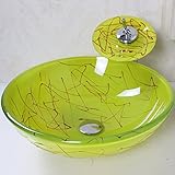 Tophome 洗面台強化ガラス製 洗面鉢彩色上絵 手洗い器　手洗器 洗面ボール ガラス 洗面ボウル 蛇口セット 手洗い器おしゃれ 排水金具付 蛇口付き 黄色