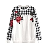 パーカー レディース トップス Glennoky オシャレ キレイめ ローズ刺繍花柄 格子プリント ロング丈シャツ ブラウス スウェットパーカー 着痩せ 美ライン クルーネック レディースパーカー ウ