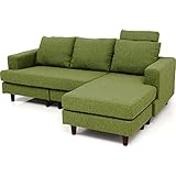 ソファー カウチソファー 3人掛け ヘッドレスト付 ポケットコイル ファブリック シーダーグリーン