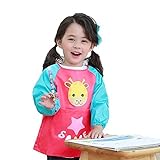 (Medium, Rose Red) - HOSIM Long-sleeved Children Kids Waterproof Art Craft Smock, Toddler Apron for 