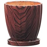 インテリアポット ウッディ ストライプ 13.5cm ブラウン 皿付 ／植木鉢