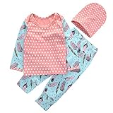 CANIS 子供　ドット　木の葉プリント　ドット帽子付き　上下3点セット　女の子　ピンク　 (80ｃｍ（６～１２ヶ月）)