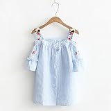 (ヨヨ ホウス)夏 オシャレ レディース 女性 肩出し 半袖シャツ マッチングしやすい 一字襟 ストラップレス 可愛い花の刺繍のショルダーストラップ サッカー生地 ベアトップ（ブルー）