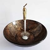 Homelava 彩色上絵洗面ボール 強化ガラス製手洗い器 排水金具付き 丸型 径42cm （蛇口なし） (茶褐色)