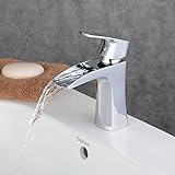 Beelee BL210D-C Single Handle Waterfall Bathroom Vanity Sink Faucet with Rectangular Spout, Polished