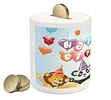 キッズ誕生日コインボックスBank by Ambesonne、漫画スタイル動物Panda Lion and Elephant withバルーンとフラグ印刷、印刷セラミックコイン銀行お金ボックスの保存の