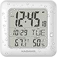 KADAMS 浴室時計 壁 飛散防止LCDスクリーン付き – 防水シャワー時計 防水 温度&湿度表示カレンダー 7言語 4つのインストールオプション ホワイト