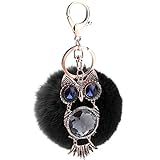 女性ファッション小物　ハンドバッグペンダント　合金のフクロウの人造毛皮の　ふわふわのポンポンボールキーホルダー　キーリング　ブラック
