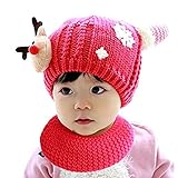 AStorePlus牛角スタイル赤ちゃん帽子スカーフset-キッズ冬暖かいニットフリースライニングイヤーフラップハット、ニットスカーフセットwith Litter Deer
