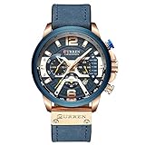 CURREN クォーツ腕時計 メンズ オリジナルブランド 多機能 カレンダースタイル 防水 ボーイズ レザー腕時計 8329, ブルー, クォーツ腕時計。