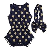 新生児 女児 女の子のための子供服 ノースリーブ　ゴールド　水玉の ロンパース＋ヘアバンド (18－24月, 紺色)