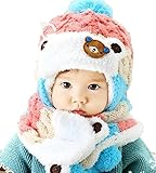 【Anjelly】 ベビー ＆ キッズ 用 ニット帽 & マフラー かわいい ワンポイントくまちゃん おまけ手袋付 選べる4色 (ピンク)