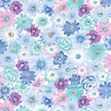 【綿二重ガーゼ・ダブルガーゼ プリント】フローラル(3) 4色あります 1m単位で切り売りいたします (ブルー系)