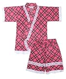 タータンチェック柄キッズ用甚平(じんべい) 裾などレースで装飾したガーリー甚平 格7487 120cm ピンク