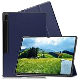 FOR Galaxy Tab S8 Ultra 14.6インチ 2022用の 三つ折ケース 手帳型 スマートケース マグネット内蔵 オートスリープ機能 FOR Galaxy Tab S8 Ultra 14.6インチ 2022 用の PUレザーカバー スタンド機能付き 衝撃吸収 軽量 薄型 全面保護 PCduoduo (ダークブルー)