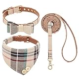 BINGPET 犬 首輪 バンダナ リード セット 犬の首輪 犬 リード ベーシック首輪 チェック 調節可能 革製 柔らかい かわいい おしゃれ 超軽量 通気性 ハンドル付き 胴輪 散歩 お出かけ メッシュ 猫 ねこ キャット しつけ 訓練 散歩 ペット用品 子犬 小型犬 中型犬 大型犬 柴犬 秋田犬 (ベージュ, M)