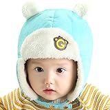 EOZY 冬 子供 ベレー帽子 ニット帽 雷鋒帽 耳あて 可愛い お洒落 お出かけ クマ型 ハット あご紐 赤ちゃん 幼児 あったか 防寒 防風 ライトブルー