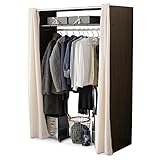 ハンガーラック 収納 収縮式 ロング丈も掛けられる カーテン付 木調 幅129～200cm ブラック/ウォルナット