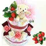 おしゃれな出産御祝い『くまさん・ラテ 』2段おむつケーキ[ピンクリボン]クマちゃんとイチゴの贈り物 S