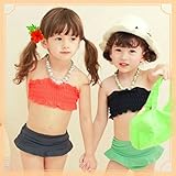 モマソング ボンボンネックバンド付き3点セット子供水着 キッズ 女の子 ボンボン ネックバンド ビキニ 90cm-3T レッド&ブラック