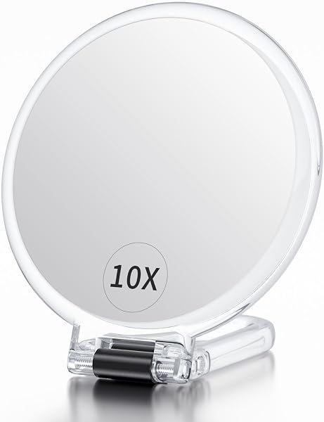 Beautifive 手鏡 拡大鏡 10倍 折りたたみ両面ハンドル付き化粧鏡 コンパクトミラー 10倍と等倍 卓上ミラー コンパクト 持ち運び便利 円形 13.7CM クリア - 1