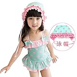 [FERE8890] 女の子 ベビー 連体水着 4点セット スイムキャップ ゴーグル 収納バッグ ドット柄 水玉模様 可愛い ショーツ 肩紐 波模様 蝶結び エレガント お洒落 グリーン A M 適合