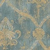 Wallpaper French Faux Aqua Blue Large Damask with Gold by Norwall [並行輸入品]