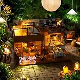 sofiey ドールハウス 手作りキットセット ミニチュア ミニ家具工芸品キット説明書付き (原木清風雅居+防塵ケース﻿+ 人形の置物2組)