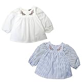(オフホワイト/95cm)ベビー服 女の子 スモック ブラウス カットソー 長袖 Dolly Ribbon ドーリーリボン 刺繍 ストライプ 無地 女児 ベビー