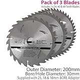 Qty 3 – 200 mm x 30 mm TCT円形Saw Blade – 24t 40t 48t – 25 mm 18 mm 16 mmリング