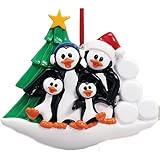 Personalizedクリスマス装飾2017 Peteyペンギン家族の4 Snowballs Happy Snowball Fight冬PlayfulかわいいホリデーツリーオーナメントCouple 