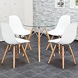 【ダイニングテーブルセット 4人用】洗練されたデザイナーズ ダイニング点セット ★イームズチェアDSW オリジナルテーブル 木脚 丸テーブル リプロダクト チェア：ホワイト・テーブル：ガラス