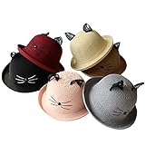 eipatu 麦わら帽子 キッズ　子供用 旅行 ストローハット　女の子　男の子　猫耳　かわいい　ファッション小物　　 (グレー)