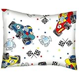 SheetWorld Crib / Toddler Percale Baby Pillow Case - Fun Race Cars - Made In USA by sheetworld