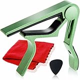 Phoenix ワンタッチ ギター カポ タスト 【 type R 】 お手入れ用 ファイバークロス 0.71㎜ ティアドロップ タイプ ピック 安心安全メーカー保証書 4点セット！フォーク エレキ クラシック アコースティック 緑 グリーン ～ GREEN ～