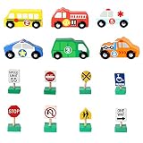 14種類もある 木の おもちゃ 知育玩具 セット 車 木製ミニカー 救急車 パトカー 消防車 バス 作業車 大人気 最適のプレゼント 道路標識 安全教育 (KT032)