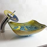 Jinyuze 　洗面ボール　かわいい　洗面化粧台　台所用品　耐用　楽しいアヒルが色とりどりな真鍮製のグラスの洗面器/水槽/浴槽に遊んでいます。　蛇口セット　船形　ガラス　洗面ボウル　手洗い器　おしゃ
