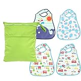 MyKazoe Water Resistant Feeding Bibs (Set of 4) With Food Catcher Pocket - Bonus Waterproof Wet Bag 