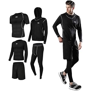メンズ コンプレッションウェア セット トレーニングウェア 5点セット 通気防臭 スポーツウェア ランニングウェア パーカー 長袖シャツ 半袖シャツ ハーフパンツ タイツ 吸汗速乾
