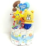 17001 おむつケーキ２段　男女共用　クマちゃんぬいぐるみとSassy（サッシー）お日様のラトル　オムツケーキ　出産祝い