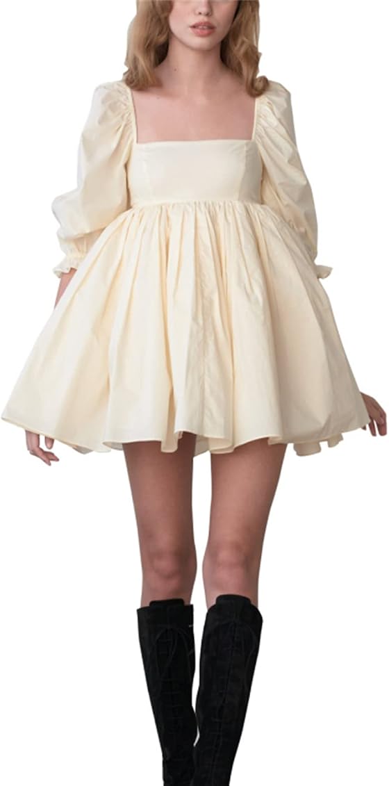 Womens Puff Sleeve Tulle Dress Princess 