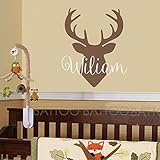 Battooパーソナライズ名前壁デカール鹿ヘッドdecor- Boys名前壁デカールHuntingテーマウッドランドNursery decor-壁デカール子供Antler壁装飾 14"wide LC8