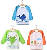 ベビー 赤ちゃん 食事用 防水 エプロン 長袖 3枚 セット ポケット 付 生き物 ＆ フルーツ (カエル クジラ うし)