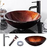 aquateriorレトロラウンド強化ガラス容器シンクp1 with Orb Pop Upドレインコンボセットバスルーム蛇口マウントリング1 1 / 2 "