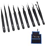 elfishjp 精密ESDピンセット 9本セット 防磁 静電防止 ステンレス製 ツイーザー メンテナンス用 精密機器 電子工作 模型製作 極細 黒 収納袋付